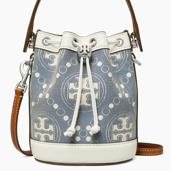 Tory Burch Mini T Monogram Denim Bucket Bag - Picture 1 of 8